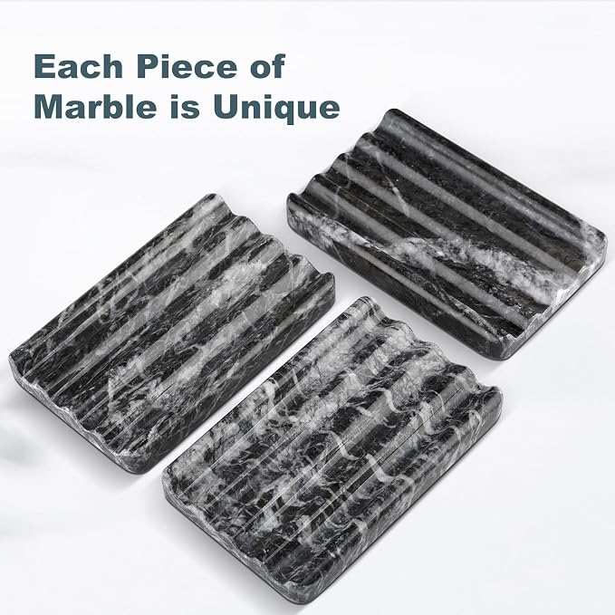Karibiber Marble Soap Dish, Bar Soap Holder Shower, Black Soaps Bathroom Saver with Water Ripple Design, Easy Cleaning Natural Stone Sponge Holder for Kitchen Sink, Executive Jewelry Ring Tray