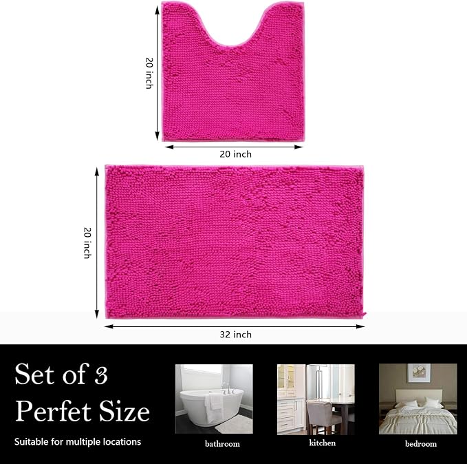 Bathroom Rugs Chenille Bath mat 2 Piece Set, Super Absorbent, Strong PVC Non Slip Backing, Bath mats for Bathroom, Plush Shaggy, Thick, Machine Washable, Bathtub, Toilet.(Hot Pink)