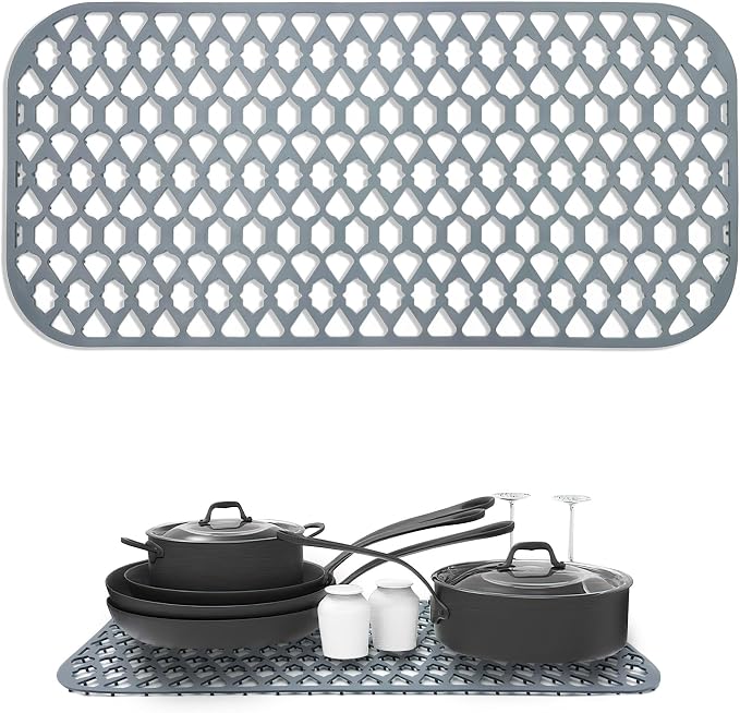 Silicone Sink Protector Mats for Multi-Size Kitchen Sink(30"x14") | Flexible and durable, heat-resistant, machine washable, non-slip, gray grid.