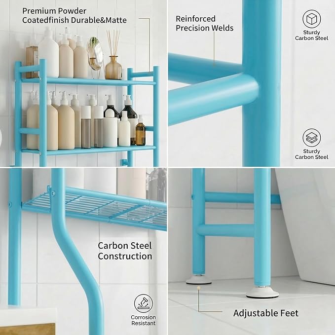 GloTika 3-Tier Over Toilet Storage, Anti-Tilt, 64" H, Blue | Anti-Tilt Safety System, 150lb Capacity, Carbon Steel, Freestanding, No Drilling, Anti-Rust Coating, Paper Holder & 4 Hooks