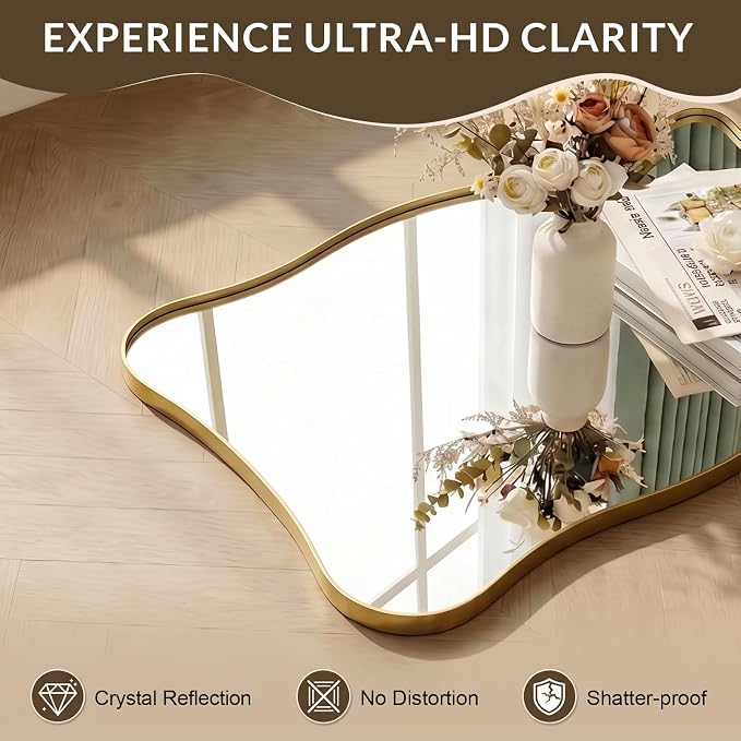 Gold Mirror, 24x36 Scalloped Bathroom Mirror, Brushed Gold Wavy Mirror with Anti-Rust Stainless Steel Frame, Unique Rectangle Mirror with Squiggly Design, Wall Mounted Horizontal/Vertical