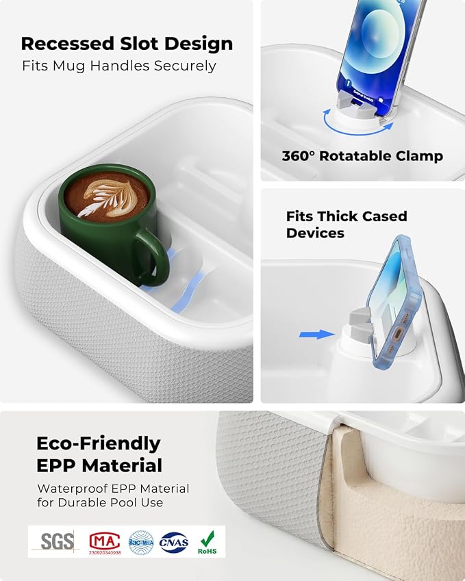 Viozon Couch Cup Holder Tray, EPP Foam Floating Bathtub Tray & Pool Caddy with 360° Adjustable Phone Stand Dock, Detachable Snack Drink Organizer for Sofa Bed (Grey)