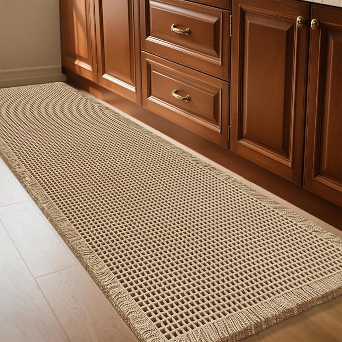 Waffle Bath Mat Beige 5'x2', Boho Woven Modern Bath Mat Rugs, Absorbent Non Slip Bathroom Rugs, Soft Washable Bath Rugs with Tassels for Bathroom, Bedroom, Kitchen, Shower, Tub