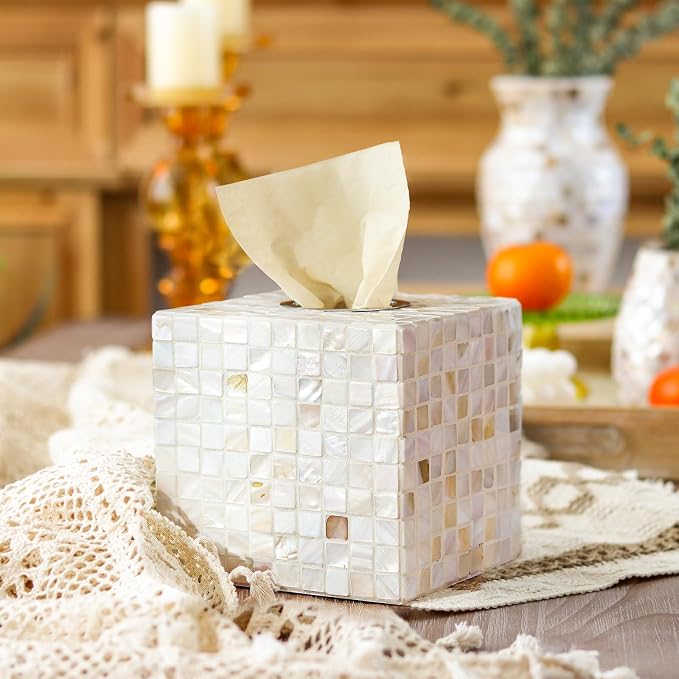 WDHODEC White Tissue Box Cover Square Decorative Tissue Box Holder Handmade Shell & Wooden Tissue Box Cube for Living Room, Dining Room, Cafe, Hotel, Office