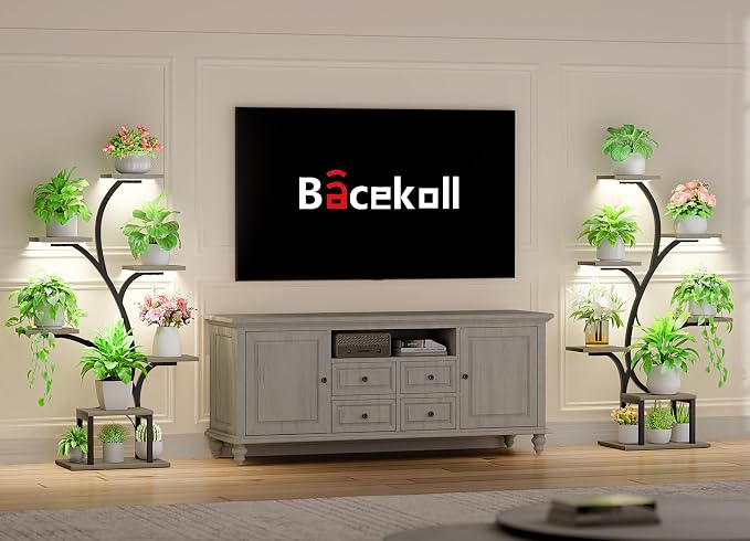 BACEKOLL Plant Stand Indoor with Grow Light, 7 Tier 49" Lighted Plant Shelf | Tree-Shaped Tall Holder with Full Spectrum Light for Indoor Growing, Sturdy Metal Rack for Home Corner, Space-Saving, Grey