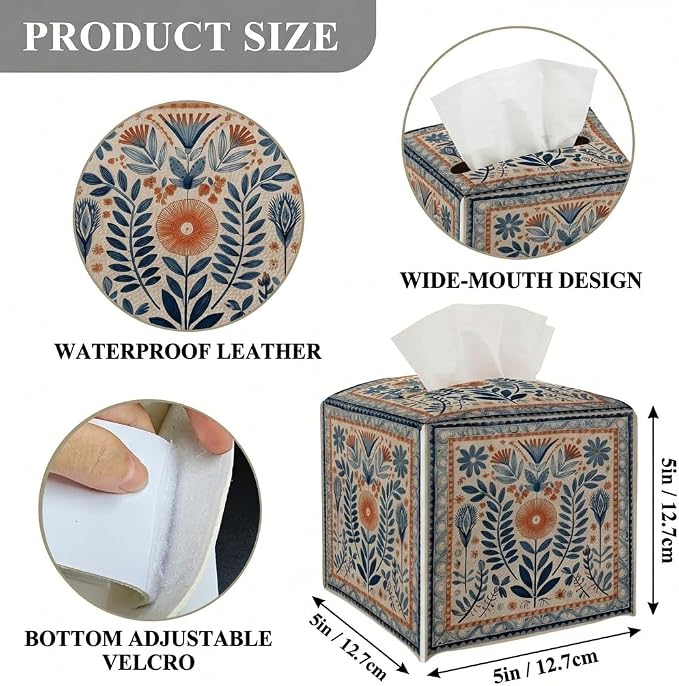 Tissue Box Cover Holder Square - Vintage Boho PU Leather Decorative Organizer, Ethnic Carpet Pattern Design Inspired, with Bottom Belt for Bathroom Car Office Tabletop Home, 5x5 Inch (Blue&Orange)