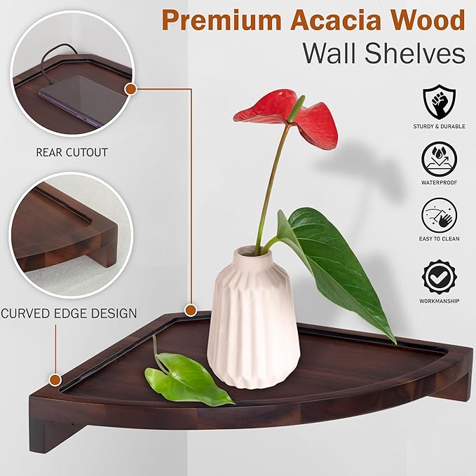 Demigo Round Floating Corner Shelves, Dark Brown Wall Shelf, Set of 2 | Acacia Wood Wall-Mounted Storage Shelves for Home Decor, Living Room, Kitchen, Office & Bedroom, Space-Saving Wood Display