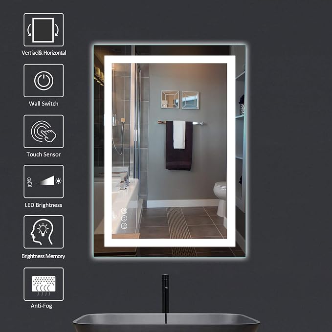 LED Bathroom Mirror, 28"X36" with Front Light and Backlit | Stepless Dimmable, Anti-Fog, Shatter-Proof, HD Reflection, Memory, 3 Colors Lighting, UL Listed (Horizontal/Vertical).