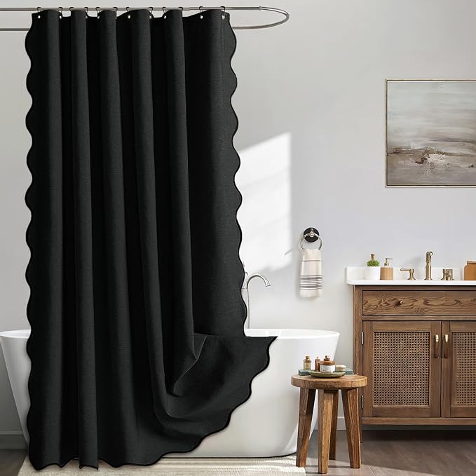 MIULEE 72"x96" Extra Long Scalloped Linen Shower Curtain Black | Linen Textured, Waterproof, Washable, 12 Metal Hooks, Heavy Duty Cloth, Black Border, Shower Curtain for Bathroom Bathtub