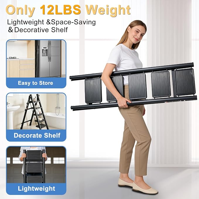 5 Step Ladder Folding Step Stool Sturdy Carbon Steel Frame | 500LBS Capacity Sturdy Anti-Slip Thick Pedal & Feet Portable for Home Kitchen Garage (black-4step)