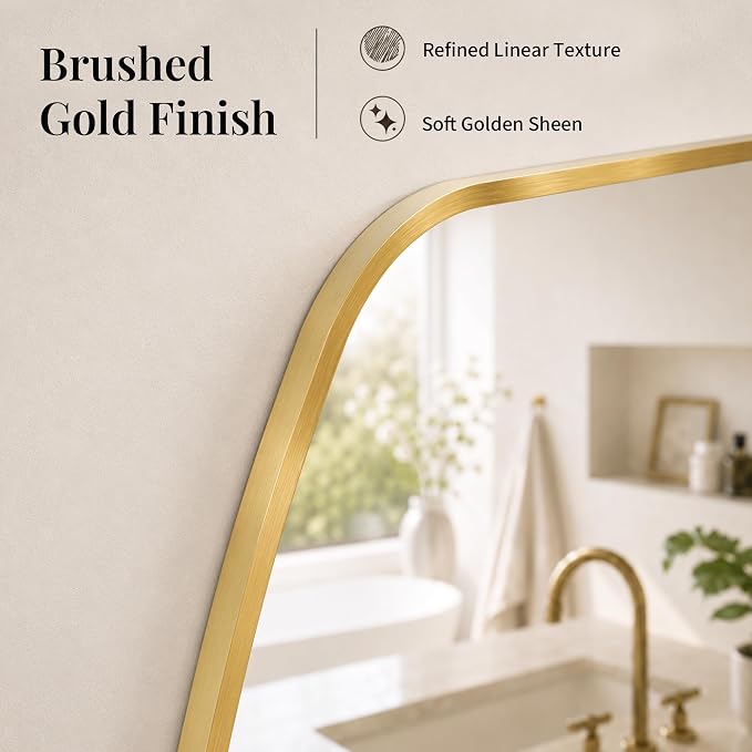 Brushed Gold Tapered Rectangle Bathroom Mirror, 24x36 Inch | Aluminum alloy frame, tempered glass, two-way keyhole mount, for dressing room and entryway
