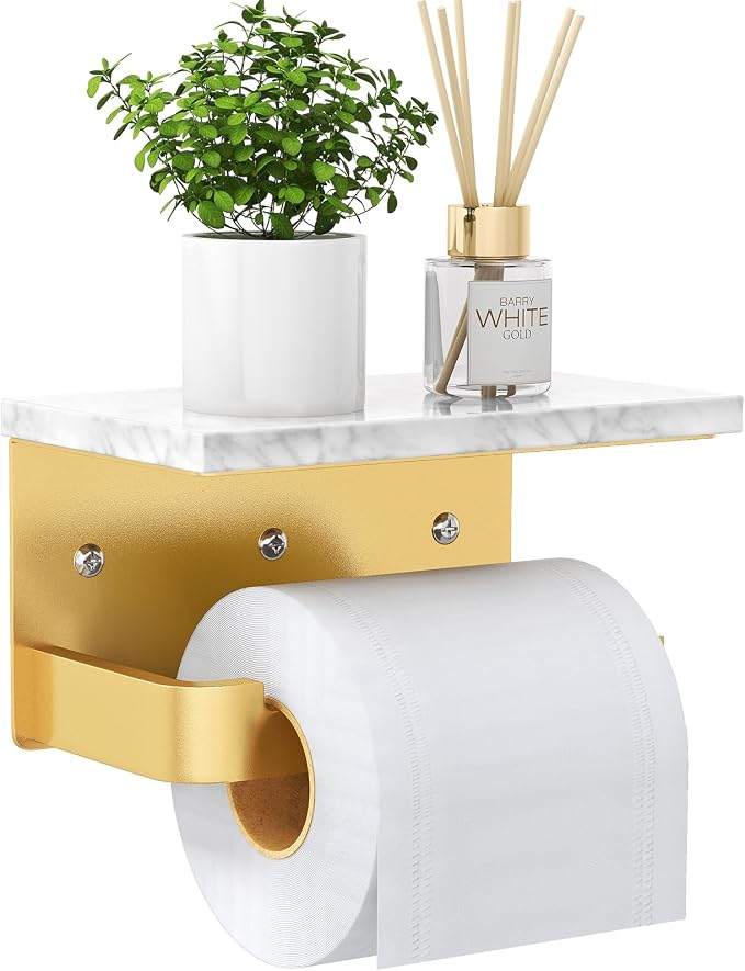 Gypie Toilet Paper Holder with Marble Shelf, Wall Mounted Gold | Toilet Roll Holder for Bathroom Washroom, Extended Base