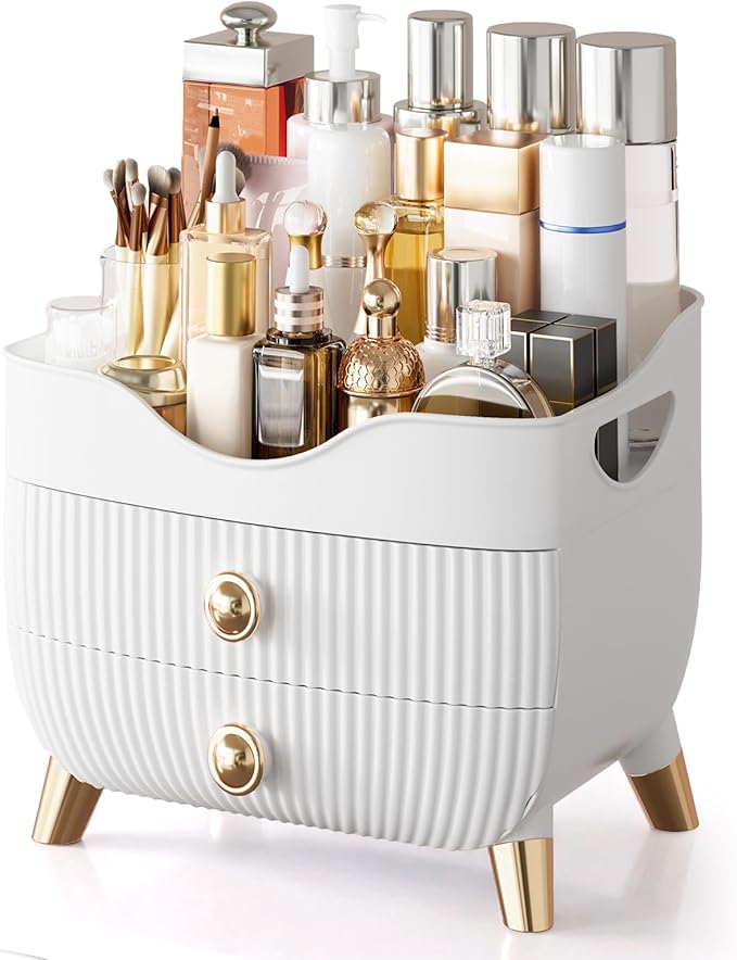 Makeup Organizer Countertop, Large Capacity Skincare Organizer for Vanity | Cosmetics Organizer with Drawes & Handle, Cosmetic Display Cases Storage Box for Dresser, Bathroom, Gifts for Women(White)