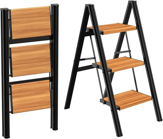 HBTower 3 Step Ladder, Lightweight Aluminum Folding Step Stool | Anti-Slip Wide Pedal, 330lbs Capacity Step Ladder for Household Kitchen Office, BlackWoodgrain