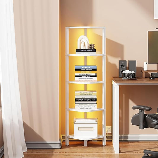 TUTOTAK Corner Shelf with LED Light, 5-Tier Corner Bookshelf | for Small Space, Narrow Display Corner Shelf Stand with Storage Rack, for Living Room, Bedroom, White BS08BW005L