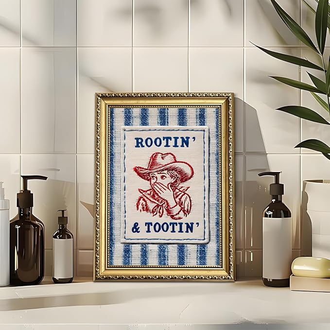 Funny Cowgirl Bathroom Wall Art Cute Western Cowboy Wall Decor Picture Vintage Rustic Rootin And Tootin Striped Restroom Poster Canvas Painting Print 12x16 inch Gold Framed