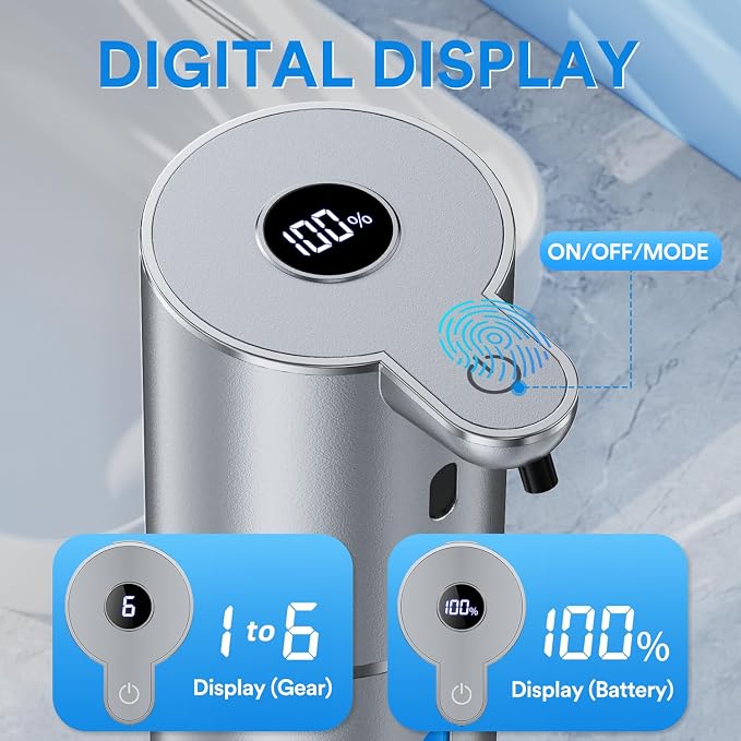 Automatic Foaming Soap Dispenser Touchless, Rechargeable Electric Hand ＆ Dish Soap Dispenser for Bathroom and Kitchen - Smart Digital Display, 6 Adjustable Level, 380ml, Wall Mounted, IPX5