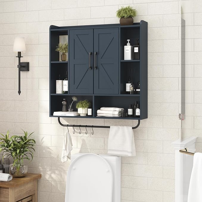 RUSTOWN Rustic Bathroom Wall Storage Cabinet with 2 Barn Doors, Navy Blue | Farmhouse Medicine Cabinet, Wall Mounted, Space Saving, 3-Tier Adjustable Shelves, Towel Bar, 5 Hooks