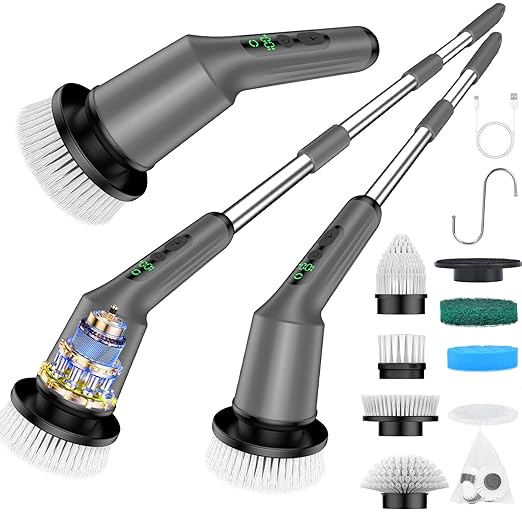 Electric Spin Scrubber for Bathroom, Shower Scrubber with Long Handle | Shower Cleaner Brushes, IPX7 Waterproof & 2 Speed, 8 Brush Heads, 90min Runtime, Bathroom Cleaning Supplies for Toilet Tub