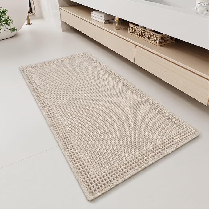 RESARE Waffle Bathroom Runner Rugs, Non Slip Boho Bath Mat 24x48 Pale Beige | Long Absorbent Bathroom Floor Mats Machine Washable Quick Dry, Soft Solid 2'x4' Bath Rugs with Tassels, Ideal Farmhouse Decor