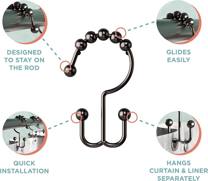 Zenna Home Metal Double Glide Shower Rings, Oil Rubbed Bronze – Set of 12 Heavy Duty, Rust-Resistant Shower Rings with Smooth Glide for Shower Curtains and Liners