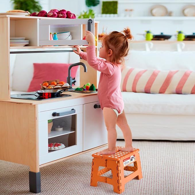 Folding Step Stool 9 Inch for Kids and Adults, 300 lbs, Orange | Lightweight Plastic Small Foldable Step Stool with Handle, Non-Slip, for Kitchen, Bathroom, Bedroom and Closet