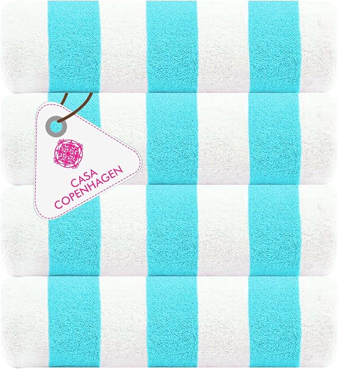 CASA COPENHAGEN Cabana Beach Towel Designed in Denmark Rough and Tough, Quick Dry, Beach, Pool, Bath & Shower 30x60 inches 4 Pieces Cotton Beach Bath Towels Set - Water Blue