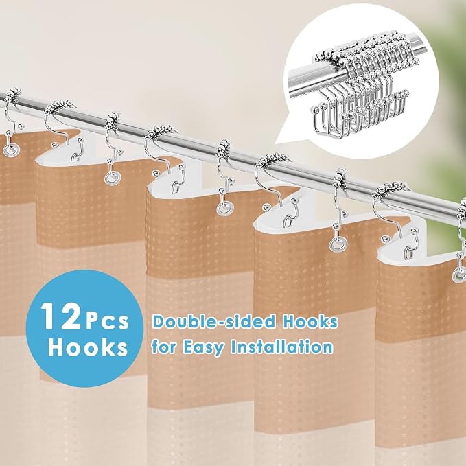 3 in 1 Shower Curtain and Liner,72 x 72 inch, Ombre Beige | Striped Shower Curtain and PEVA Liner Set with 12 Rust-Resistant Metal Hooks, Waterproof Fabric Curtains for Bathroom