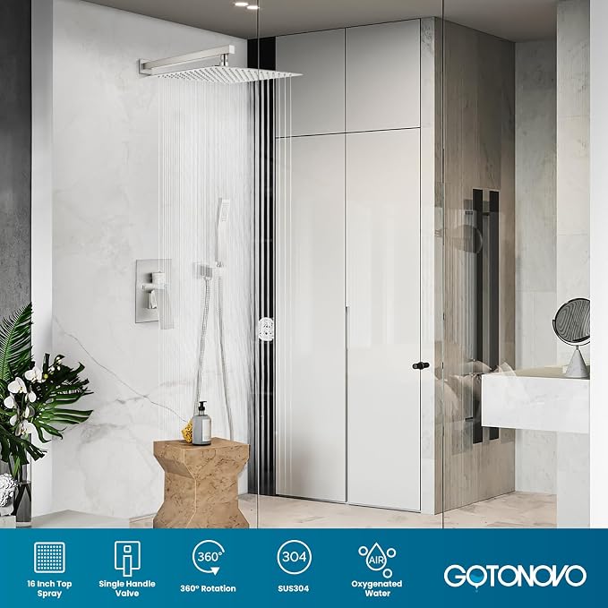 gotonovo Shower Faucet Set with Handheld Spray Brushed Nickel,16'' Head | SUS304 Rainfall Shower Head and Handle Set System Fixture,Pressure Balance Valve Trim Kit,Single Handle,Wall Mount,All Metal