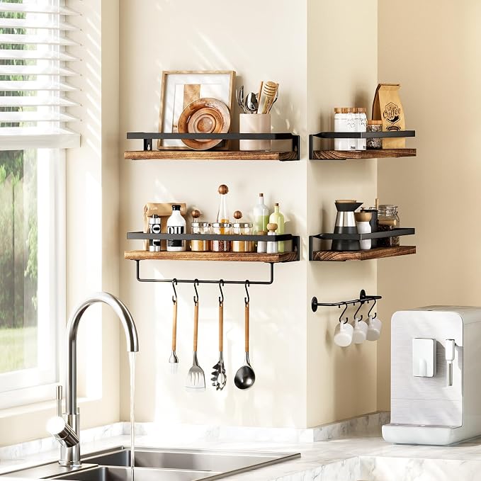 Amada Bathroom Shelves with Towel Bar, Set of 2, Rustic Brown | Floating Shelves with Detachable Towel Bar, Protective Metal Guards, Paulownia Wood, Bathroom, Living Room & Kitchen Storage