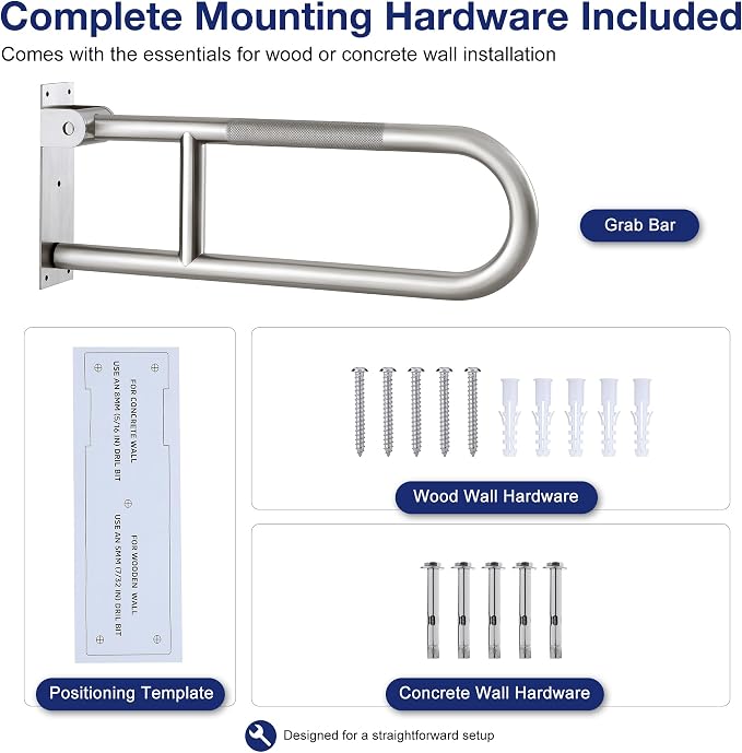 24 Inch Toilet Grab Bar-304 Stainless Steel Flip Up Handrail | Anti-slip grip| Brushed finish | Wall mount | Space saving fold up design | Template & hardware included