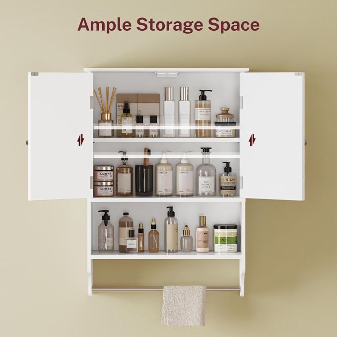 Medicine Cabinet with Adjustable Shelves and Towel Rack, Wall Mounted Bathroom Cabinet Over the Toilet Storage for Bathroom, Living Room, White