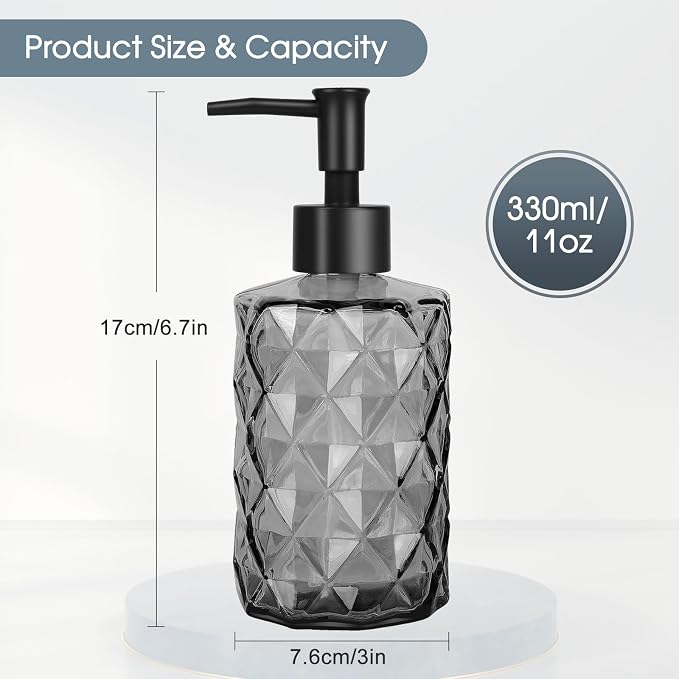 Topsky 2 Pack Glass Soap Dispenser with Black Plastic Pump, 330ml Liquid Hand Soap Dispenser, Rustproof Pump for Kitchen & Bathroom, Great for Lotions, Essential Oil, Liquid Soaps-Gray