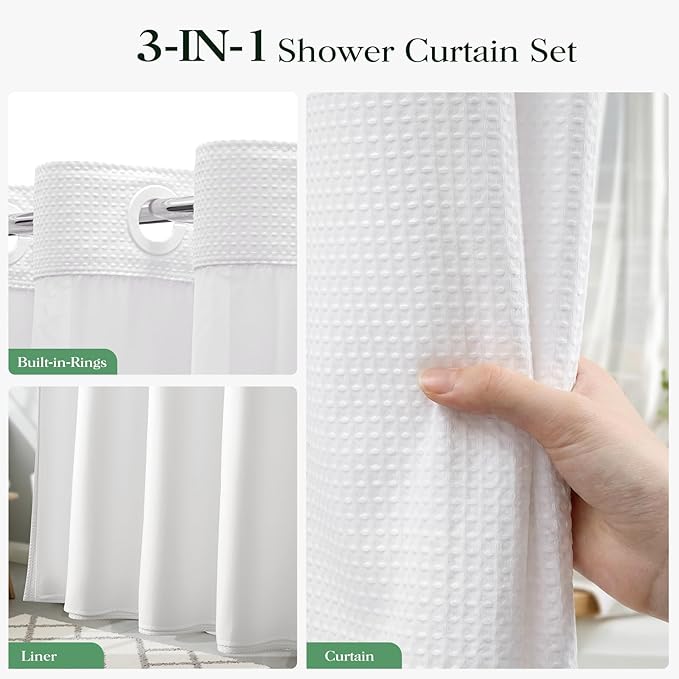 White Hook Free Waffle Shower Curtain & Snap-in Fabric Liner,54x81 | Less Time to install, 3 in 1 Fabric Shower Curtain and Liner Set with Magnets, Stall, Long, Shower Curtains for Bathroom