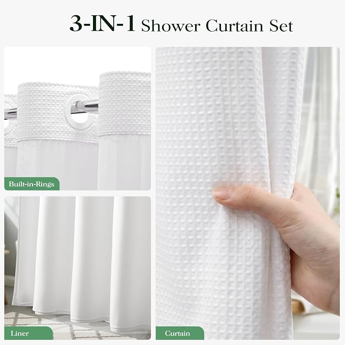 White Hook Free Waffle Shower Curtain & Snap-in Fabric Liner,72x87 | Less Time to install, 3 in 1 Fabric Shower Curtain and Liner Set with Magnets, Extra Long, Shower Curtains for Bathroom
