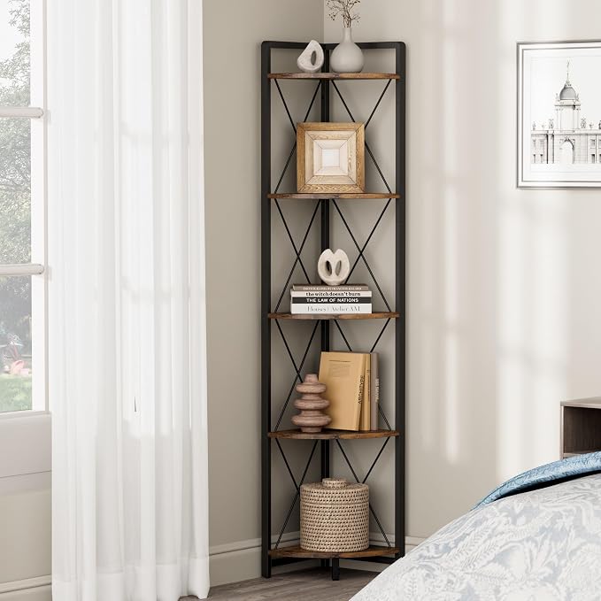 5 Tier Corner Shelf Stand, 64" H Tall Corner Bookshelf, Rustic Brown | Industrial Metal Corner Shelf for Living Room Decor, Plant Stand Display Shelf for Bedroom, Bathroom, Small Spaces