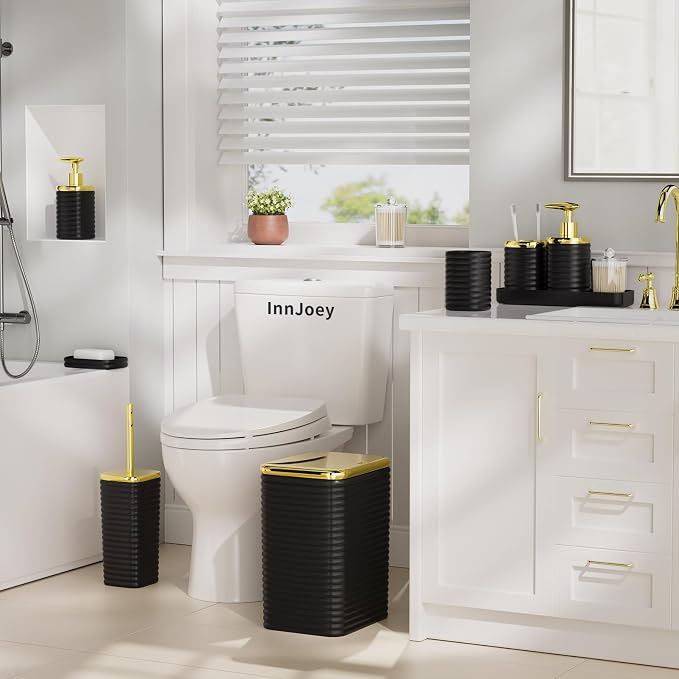 Bathroom Set - 10PC Bathroom Accessory Set, Black Bathroom Set, Luxury Bathroom Accessories Set, Trash Can, Toilet Brush, Soap Dish, Qtip Holder & Soap Dispenser