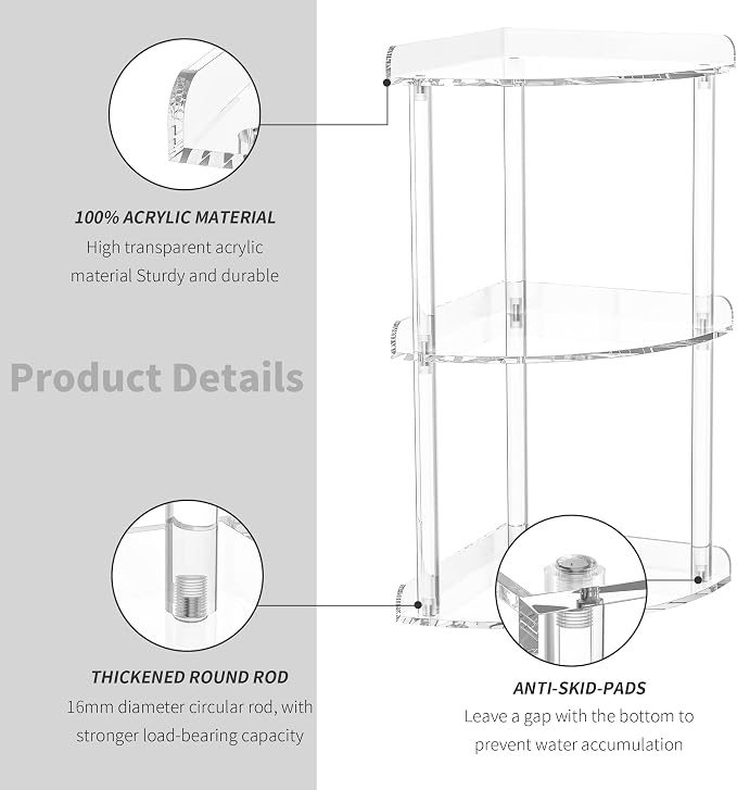 Sezanrpt 3 Tier Countertop Corner Organizer Shelf 7x7x15.7 Inch, Countertop Acrylic Bathroom Corner Shelf, Clear Vanity Storage Organizer for Cosmetics, Toiletries