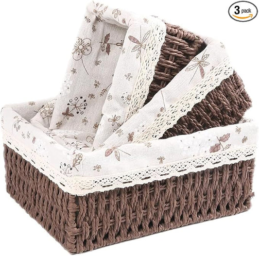 YRHOME Storage Baskets Set of 3,Decorative Paper Rope Woven storage Baskets with Liner,Rectangular Storage Bins Container for Makeup Bedroom Shelves Organizing,Home Deco, Brown