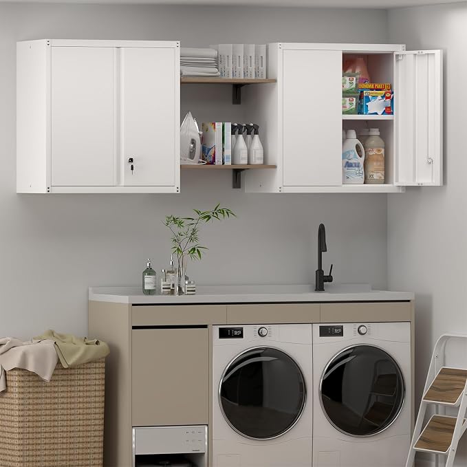 Metal Wall Cabinet, Steel Locking Cabinet for Office, Home Office Cabinets with Doors and Shelves, Garage Cabinets for Utility Room, Laundry Room