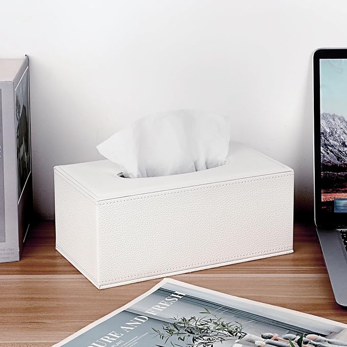 Sumnacon Tissue Box Cover Rectangle,Magnetic Bottom Tissue Box Holder,White | Decorative PU Tissue Box Cover Rectangular,Lychee Pattern Tissue Cover for Bathroom Toilet Bedroom Living Room Table Office