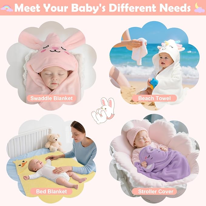 12 PCS Baby Bath Towels Set, Baby Towels for Newborn Bath Essentials Gifts | Animal Hooded, Thick Soft Absorbent, 4 Baby Towels & 8 Washcloths for Girl Boy Toddlers (Elephant, Unicorn, Duck, Rabbit)