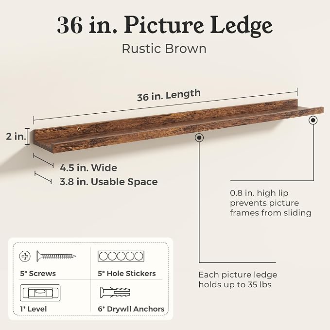 Brown Picture Ledge Shelves for Wall, 4.5" Deep Wood Floating Shelves with Lip for Bedroom, Living Room, 36" Width, Color Brown Set of 2