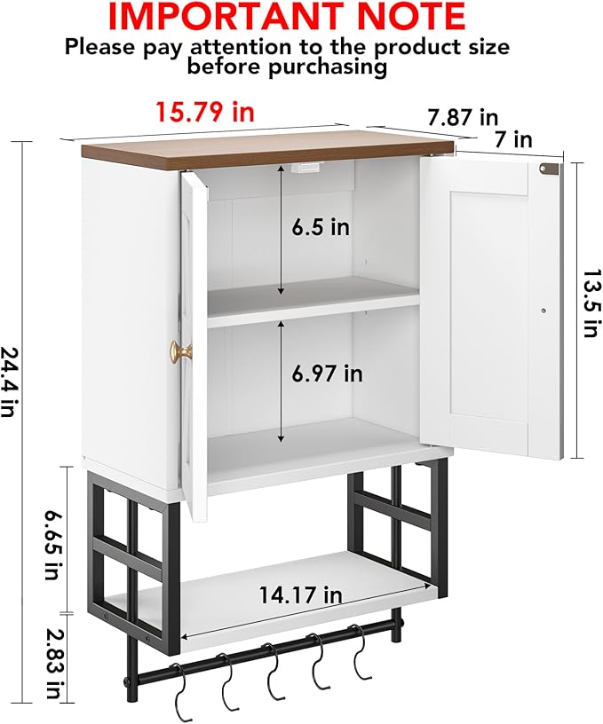 Bathroom Wall Cabinet, Farmhouse Medicine Storage with Towel Bar, White | 2 Doors, Adjustable Shelves & 5 Hooks. Space-Saving Wall Storage for Over Toilet, Laundry, Kitchen, Living Room