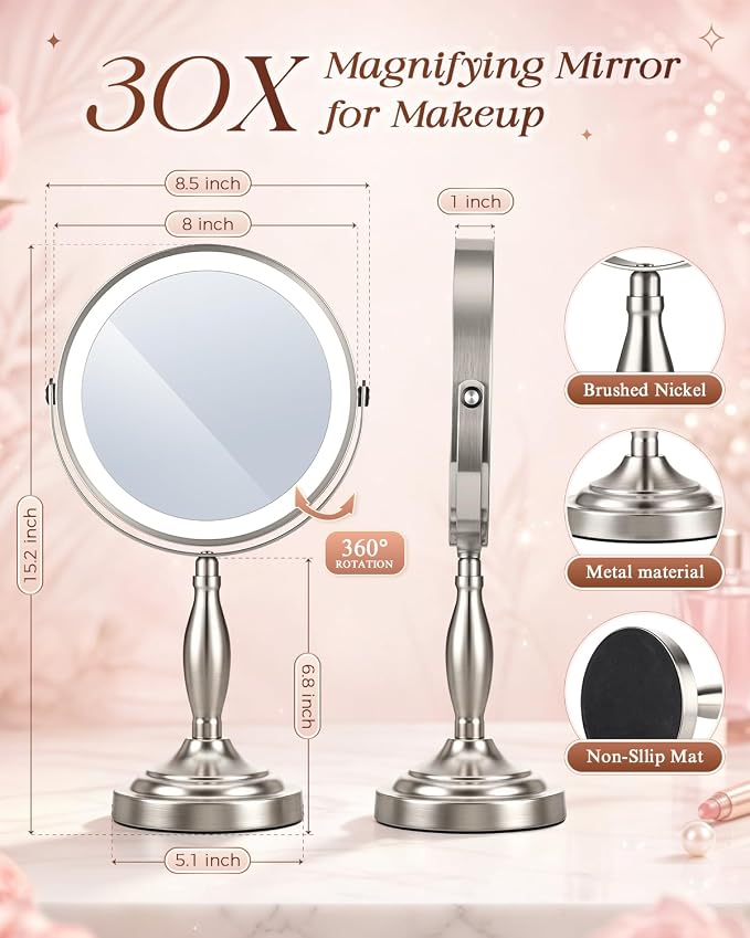 Makeup Mirror with Lights, 1X/30X Double Side Lighted Magnifying Mirror | 8'', 5000mAh Rechargeable Adjustable Brightness with 3 Colors, Side Touch & Side Charging with Adapter, Brushed Nickel
