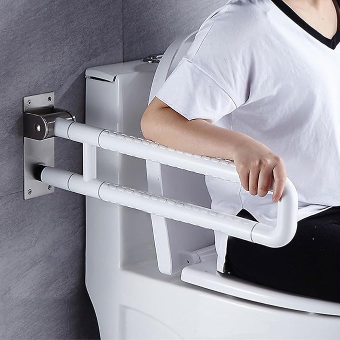 28 Inch Toilet Grab Bar Flip Up Stainless Steel with ABS Handicap Rails Load Capacity of 150 kg 330 lbs Grab Bars Toilet Rail Bathroom U Shaped and Wall Mount Safety for Injured Patients White