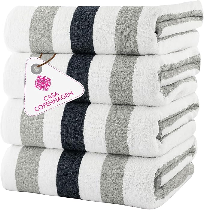 CASA COPENHAGEN Monaco Beach Towels Designed in Denmark Rough and Tough, Quick Dry, for Pool, Bath & Shower 30x60 inches 4 Pieces Cotton Beach Bath Towels Set - Charcoal Grey