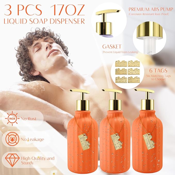 17PCS Bathroom Accessories Set, Orange Bathroom Set Bathroom Accessories Set with Trash Can, Toilet Brush, Toothbrush Holder, Qtip Holder & 3PCS Soap Dispenser