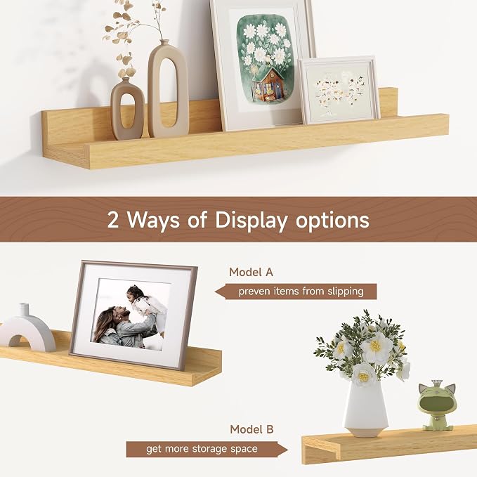 Floating Picture Ledge Shelves Set of 2, 16 Inch Solid Wood Wall Shelves with Lip, Large Nursery Book Shelf for Toys Storage, Kids Bookshelf, Living Room, Bedroom Decor Frames, Natural Oak