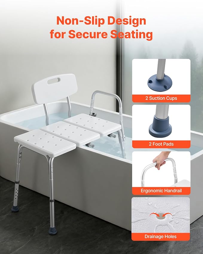 VEVOR Tub Transfer Bench for Bathtub, 400 lbs Weight Capacity Heavy Duty Shower Chair with Arm and Backrest, Height Adjustable Bathroom Shower Bench Bath Seat for Adults, Seniors, Elderly and Disabled